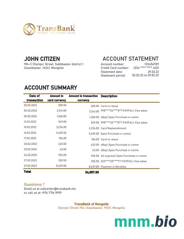 Szablon wyciągu bankowego Mongolia Transbank w formacie Word i PDF